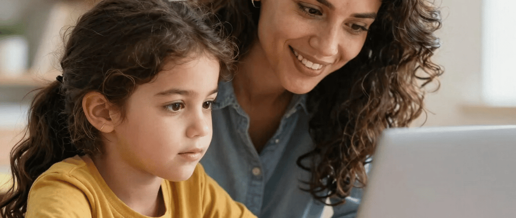 Mother and daughter looking at a laptop together while learning about value