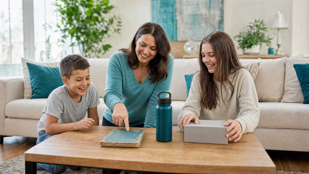 A mother and her two children rank a worn favorite book, a reusable water bottle and an unopened gadget on the coffee table to talk about price vs value.