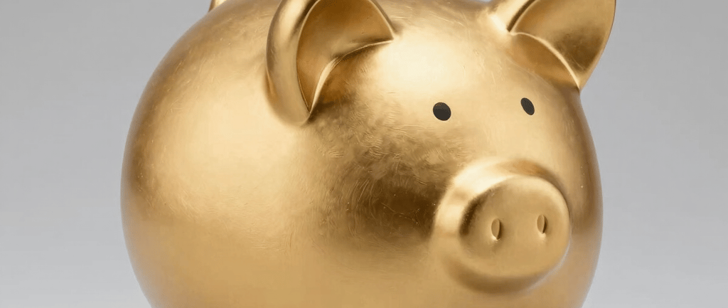 Gold piggy bank representing teaching kids to save money with purpose